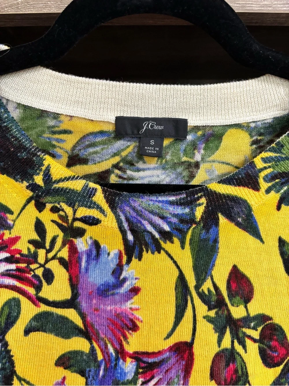 J. Crew Yellow Floral Wool Crewneck Sweater, Size S